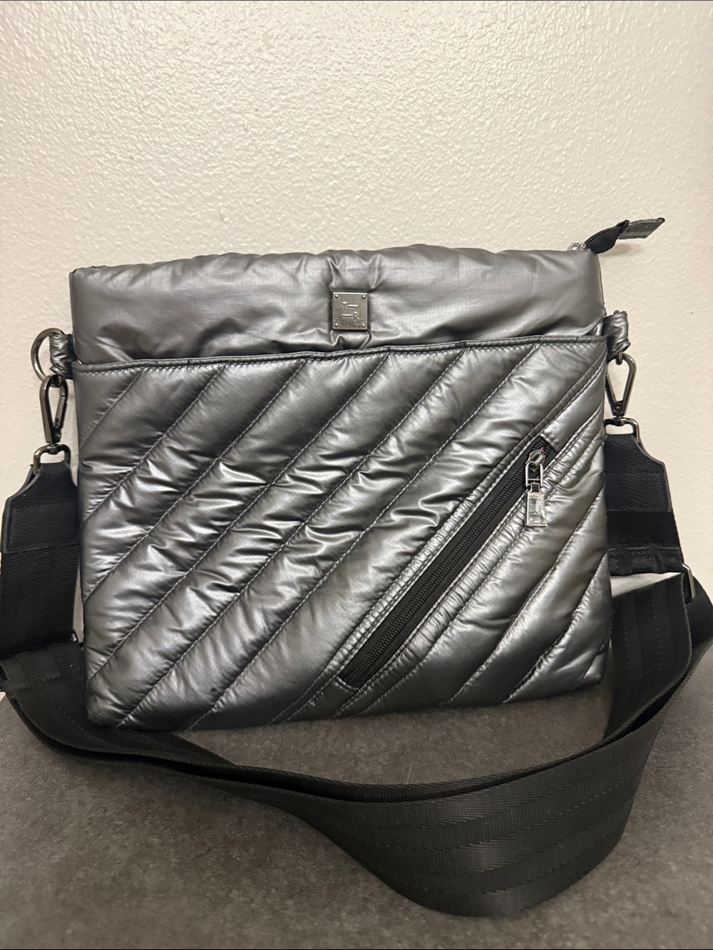 THINK ROYLN Metallic Gray Quilted Messenger Crossbody
